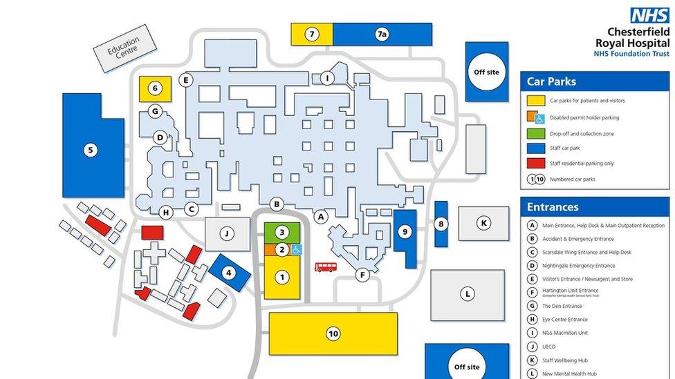 A map showing areas where visitors and patients can park at Chesterfield Royal Hospital