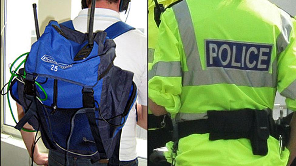 broadcasting backpack and police jacket