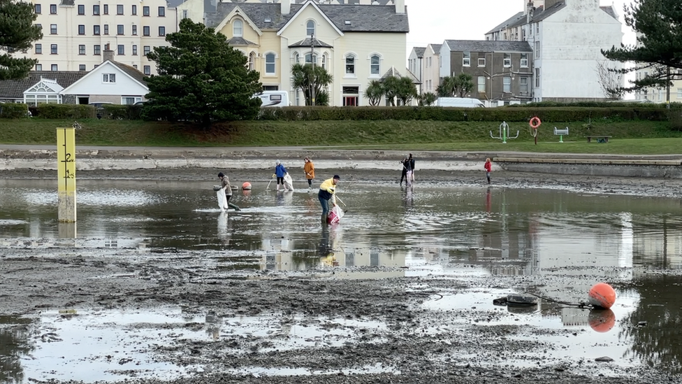 Beach Buddies volunteers in the drained Mooragh Lake