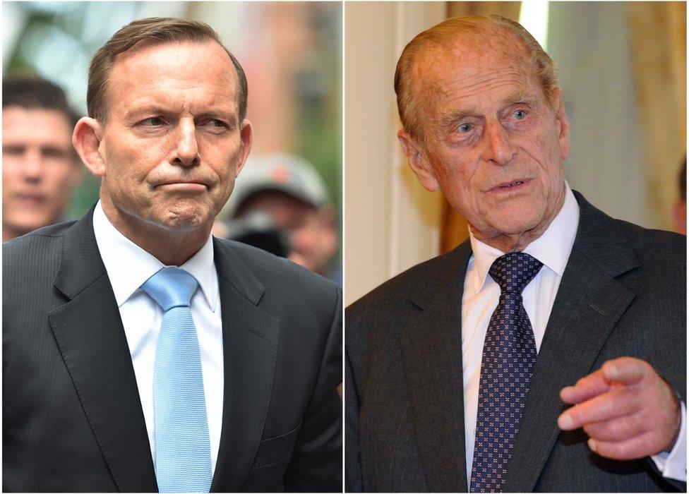 A combination of two file photos shows former Australian prime minister Tony Abbott (L) in Sydney on 16 December 2014, and Britain's Prince Philip (R) in Canberra on 21 October 2011.