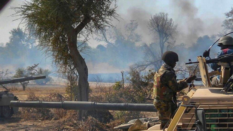 An insurgents" camp being destroyed by Nigerian military in the Sambisa Forest, Borno state, Nigeria