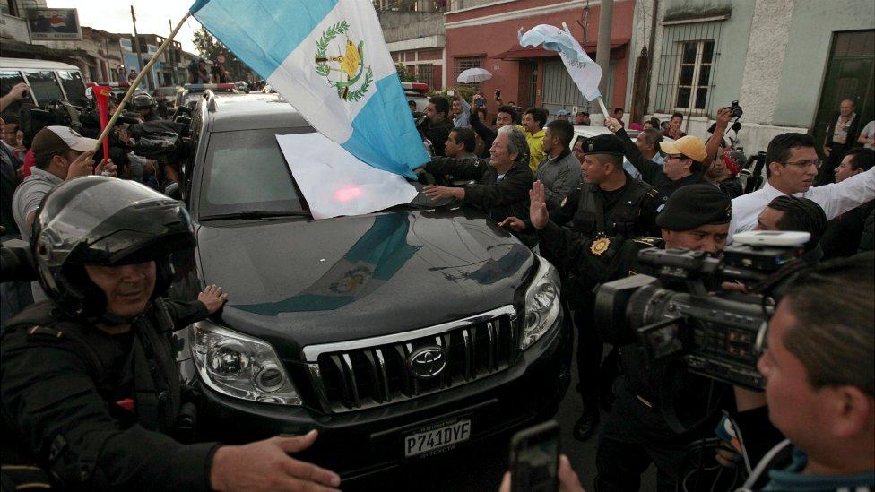 Guatemala's former President Otto Perez Molina arrives at Matamoros Army Base with police escort after a hearing at the Supreme Court of Justice in Guatemala City - 3 September 2015