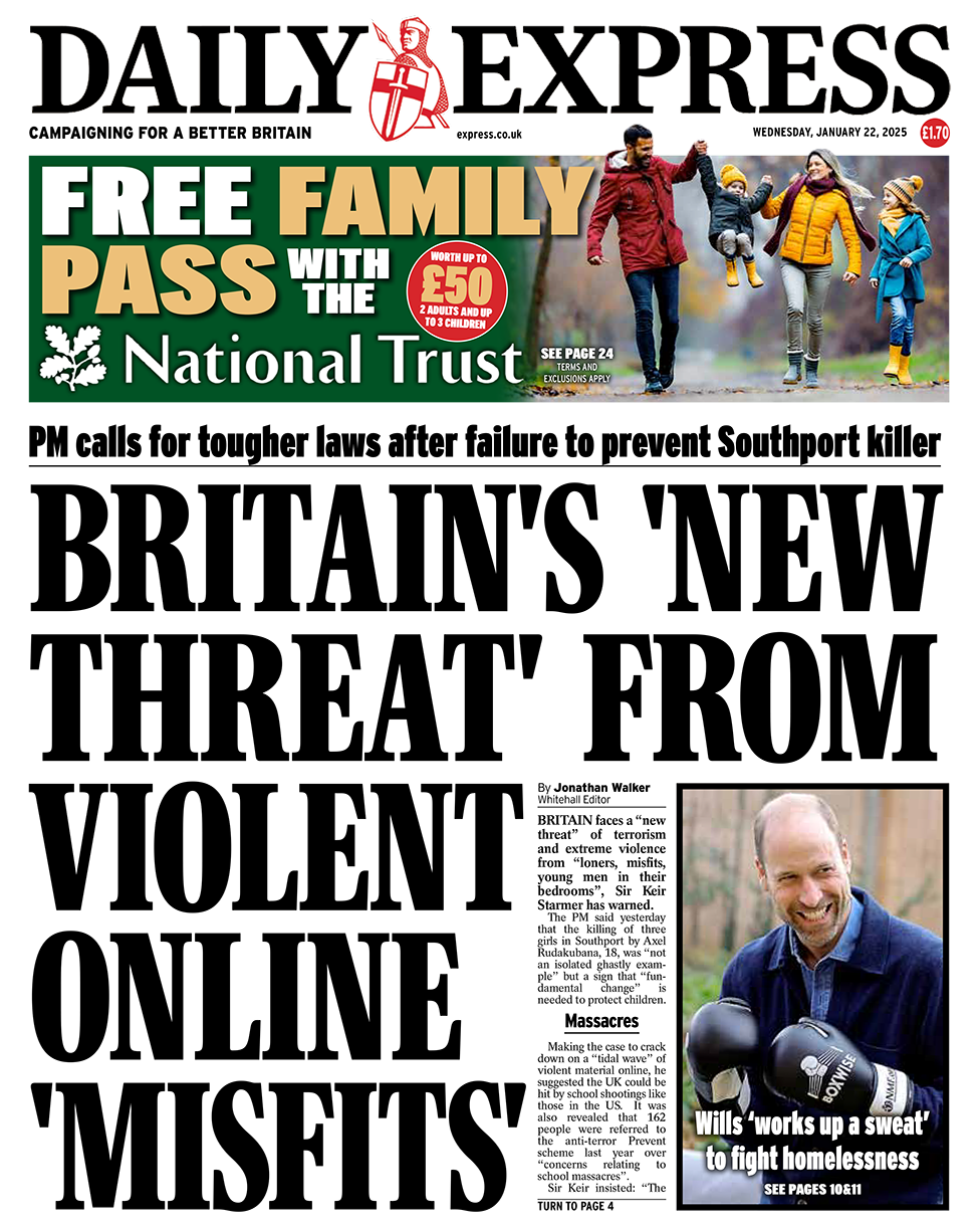 The headline in the Daily Express reads: "Britain's 'new threat' from violent online 'misfits'". 