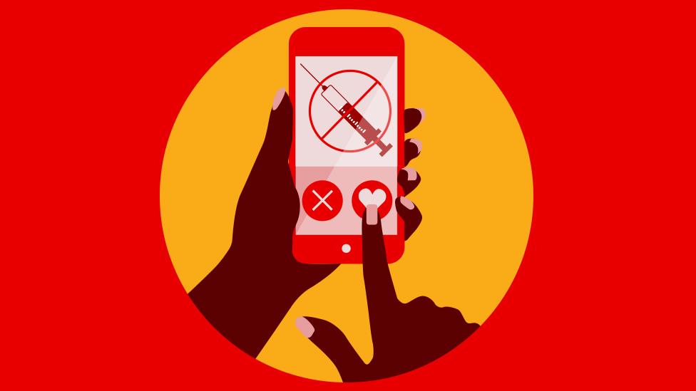 A graphic showing a phone, which an no-vaccine symbol on it.