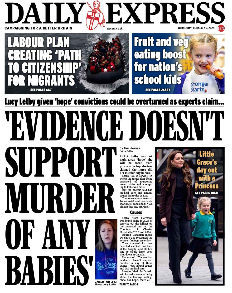 Daily Express front page with headline: 'Evidence doesn't support murder of any  babies' and a picture of the Princess of Wales walking with a young girl