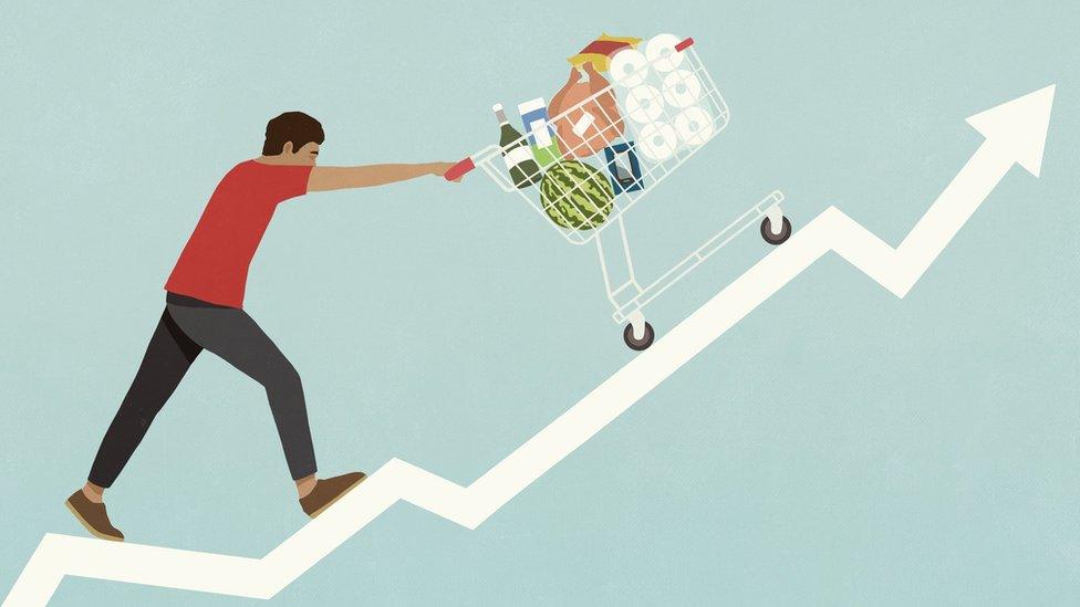 illustration shows shopper struggling as they push trolley filled with items up an arrow