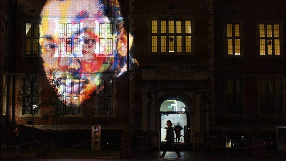 An image of Dr Martin Luther King Jr – by artist Derek Russell - projected on to a Newcastle University building to mark the launch of Freedom City 2017