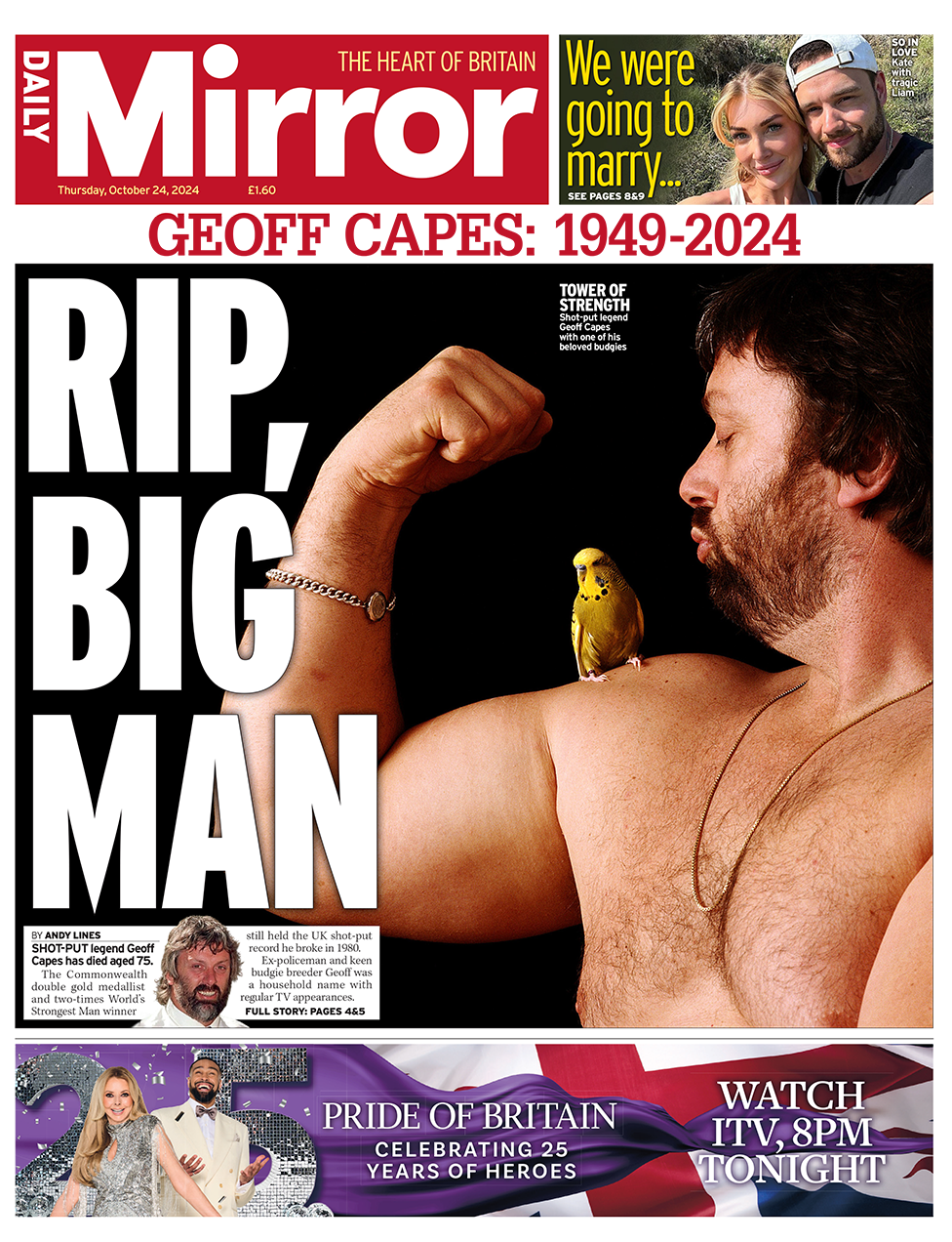 The headline in the Mirror reads: "Geoff Capes: 1949-2024. RIP, big man". 