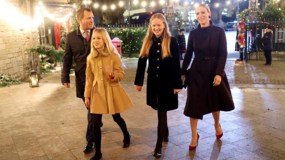 Peter Phillips, Savannah Phillips, Isla Phillips and Zara Tindall arrive at Westminster Abbey.