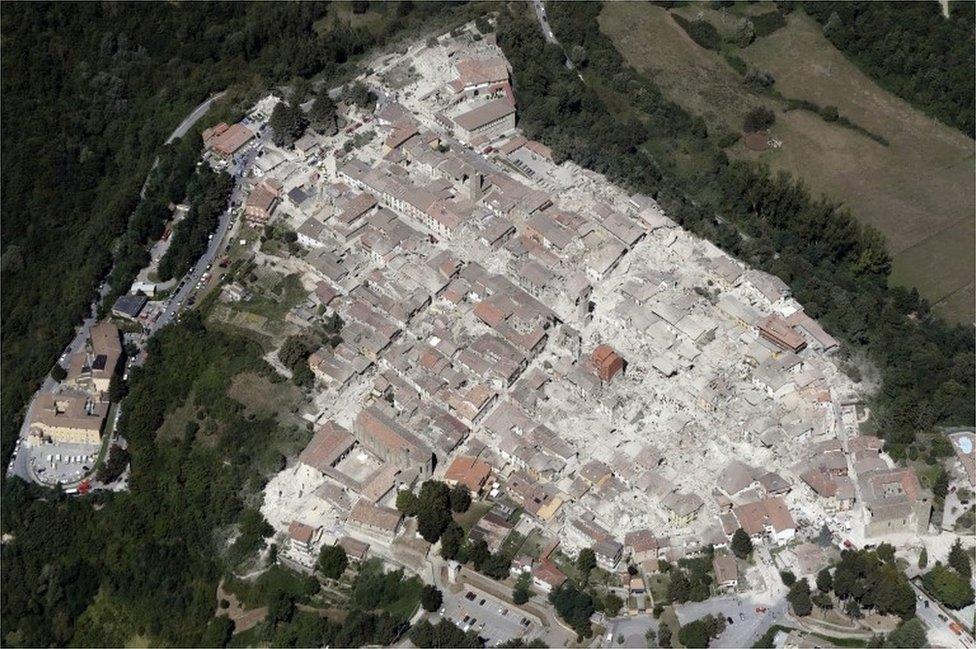 Damaged buildings in the historical part of Amatrice, 24 Aug 16