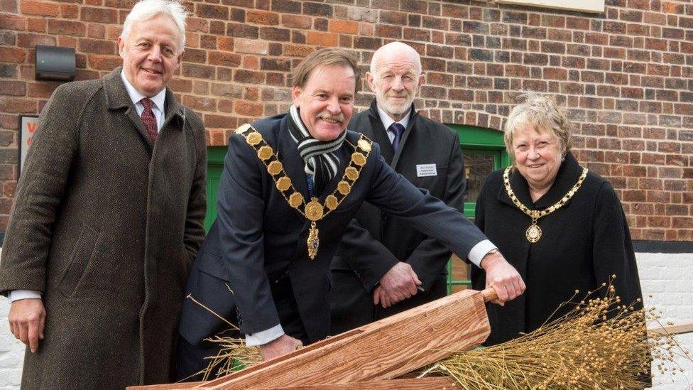 L to R. Duncan Wilson CEO Historic England; Mayor of Shrewsbury Cllr Miles Kenny; Alan Mosley, Chair of The Friends of the Flaxmill Maltings; Mayoress of Shrewsbury Mrs Aurona Kenny