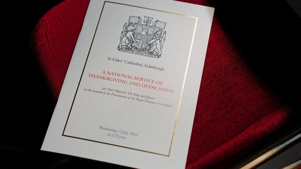 The order of service for the event. The front cover reads: St Giles' Cathedral, Edinburgh - A national service of thanksgiving and dedication for Their Majesties The King and Queen on the occasion of the Presentation of the Royal Honours of Scotland, Wednesday 5 July 2023 at 2:15pm