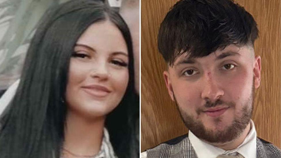 Left hand is a picture of Mia Keevan, she has black hair and just visible is a white striped shirt. In a separate image on the right hand side there is a close up photo of Trae Keenan, he has dark hair and a short dark beard and is looking at the camera. He is wearing a a grey checked waistcoat over a white shirt.