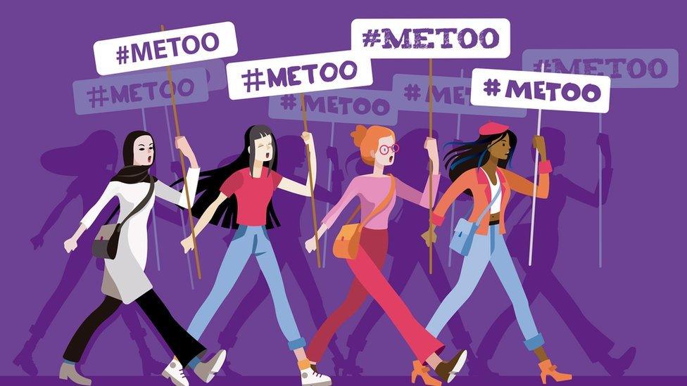 Illustration of four women holding a sign which says #MeToo.