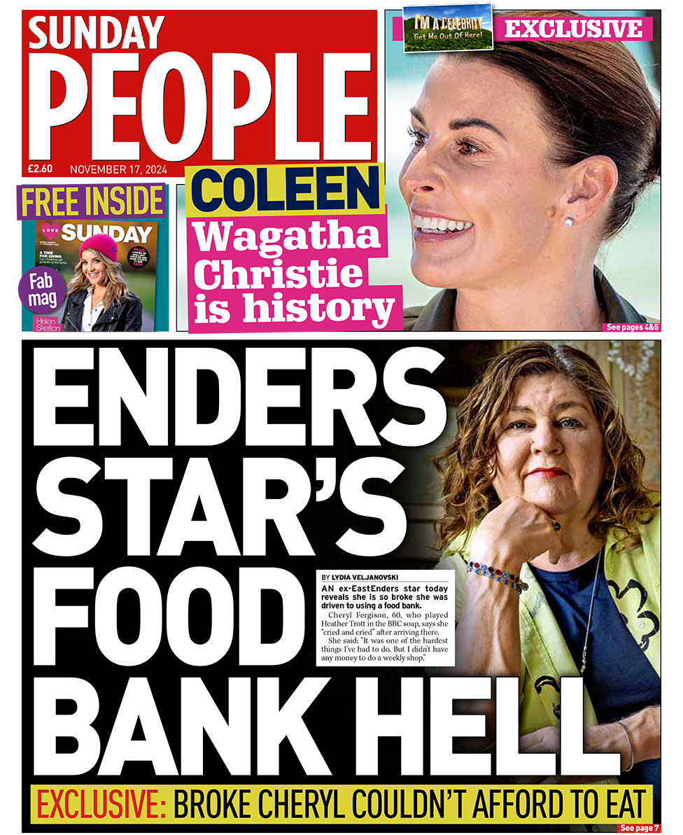 "Enders star's food bank hell" headlines the Sunday People