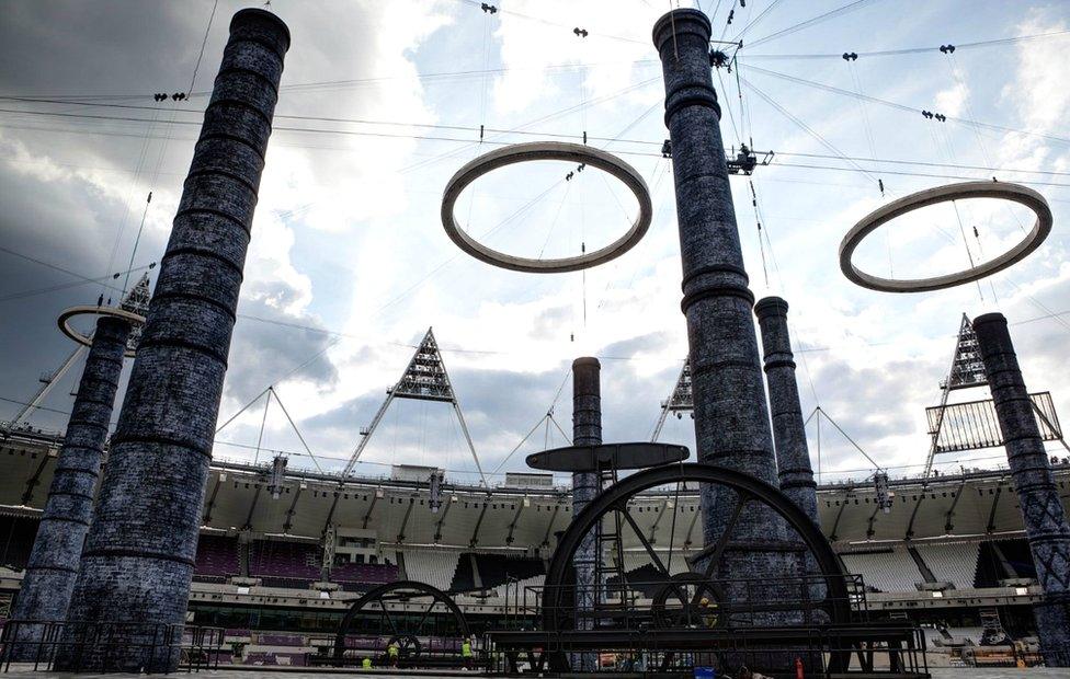 Industrial revolution props inside stadium