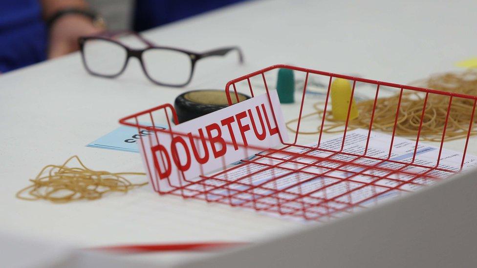 A basket for 'doubtful' votes at an election count