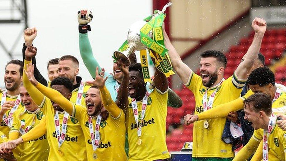 Norwich City players celebrate winning the Championship