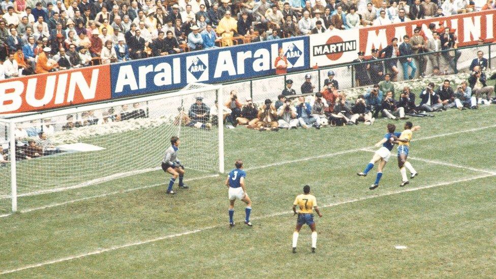 Pele opens the scoring in Brazil's 4-1 final win over Italy