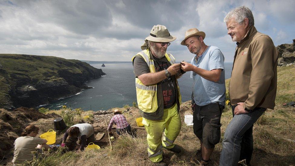 Archaeologists examining findings at the Tintagel Castle site