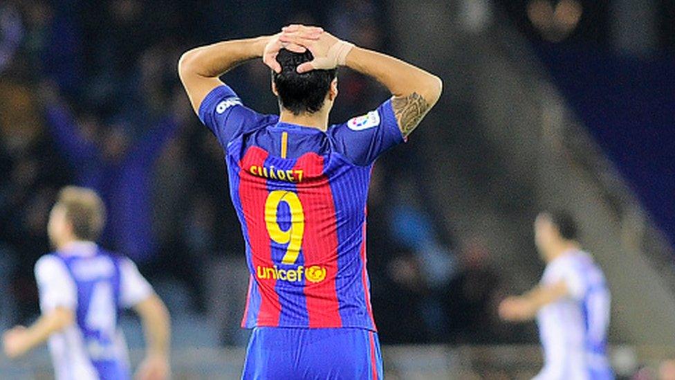 Luis Suarez reacts as Real Sociedad take the lead against Barcelona