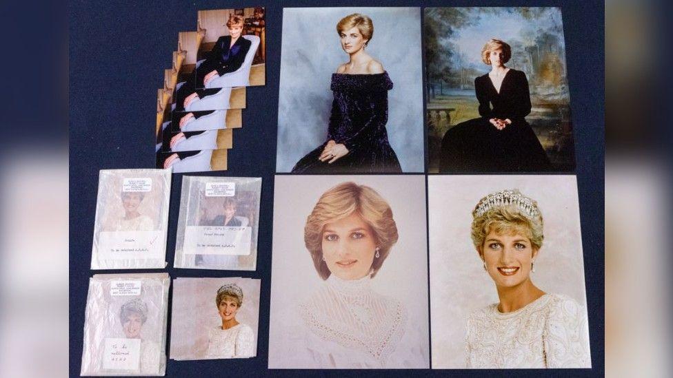 A selection of photographic prints of Diana, Princess of Wales, including some of her in a black gown and some of her in a white dress and a tiara