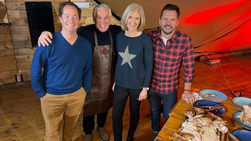 BBC Politics East at Jimmy's Farm with James Bailey (head of Waitrose, Paul Kelly (of KellyBronze Turkeys), presenter Amelia Reynold and farmer and TV presenter Jimmy Doherty, of Jimmy's Farm and Wildlife Park (l-r)