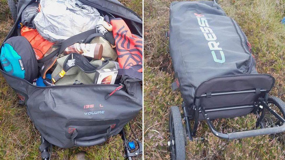A composite image of a grey trolley bag lying on grass. The left image shows the bag opened, revealing its contents, which are camping supplies and toiletries. The right image is the long bag closed with wheels and support showing. A design on the trolley reads: CRESSK.