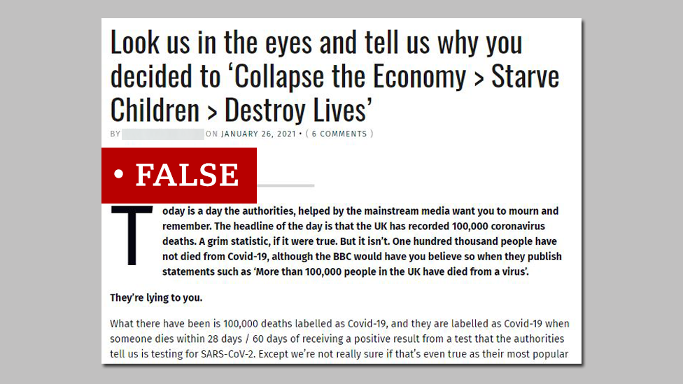 Screenshot from a website promoting an inaccurate statement denying the scale of the coronavirus death toll. We added "false" label