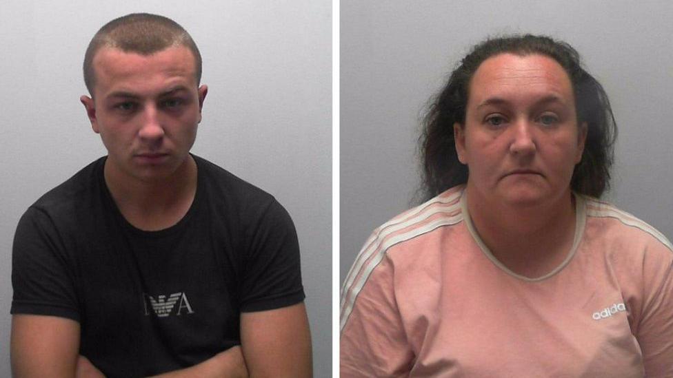 Mugshots of Jay Baxter, who has a shaven head and is wearing a black t-shirt, and Sian Roe, who has long brown hair and is wearing a pink Adidas top.