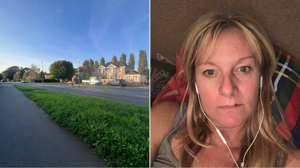 Split photo of a verge of grass on a residential road and a selfie of Laura Murray