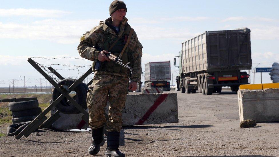 Ukrainian soldier on Crimea-Ukraine border, March 2014 file pic