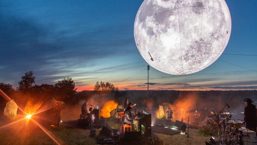 Damon Albarn performs in the Stone Circle as part of the Glastonbury Festival Global Livestream Live at Worthy Farm at Worthy Farm, Pilton on May 19, 2021 in Glastonbury, England