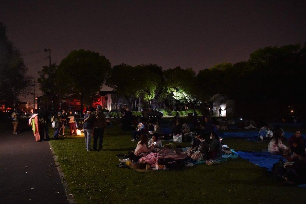 Evacuated residents in a park in Higashi-ku in Kumamoto City, Japan, 16 April