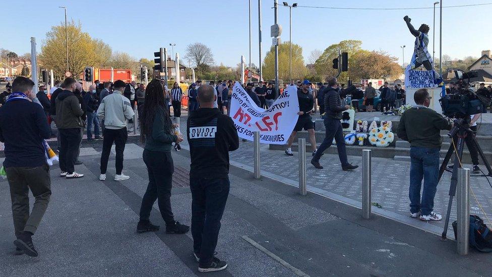 Banner at protest at Elland Road