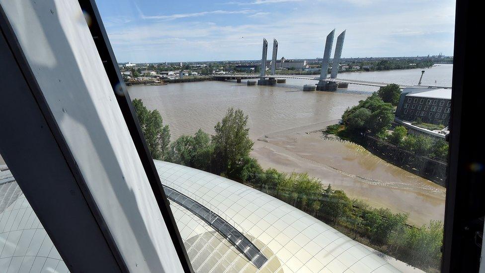 A picture taken on May 24, 2016 shows the Chaban-Delmasthe bridge seen from a window of the new Bordeaux's wine museum (Cite du Vin), in Bordeaux