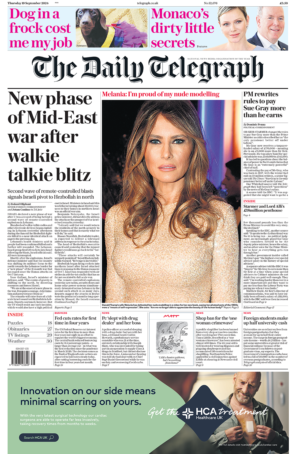 The Daily Telegraph headline reads "new phase of Mid-East war after walkie talkie blitz"