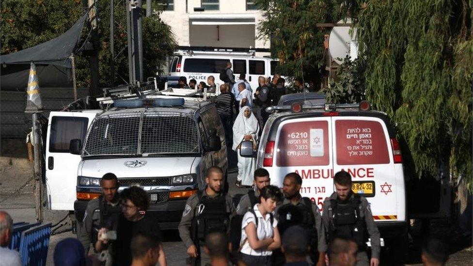 Israeli police and an ambulance at scene of eviction in Sheikh Jarrah