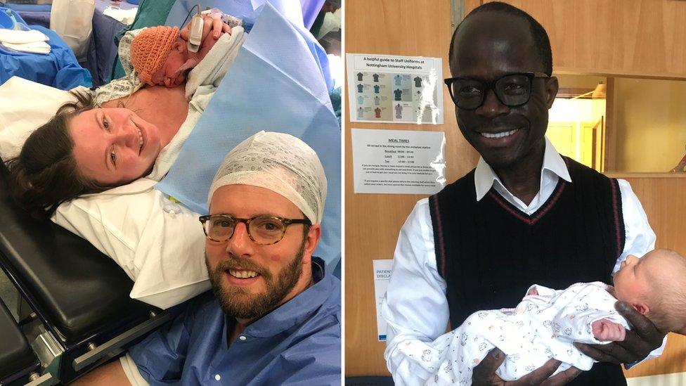 New mother Rebecca, left, after the operation with her husband Greg, and surgeon Mr Jafaru Abu with Everleigh Grace