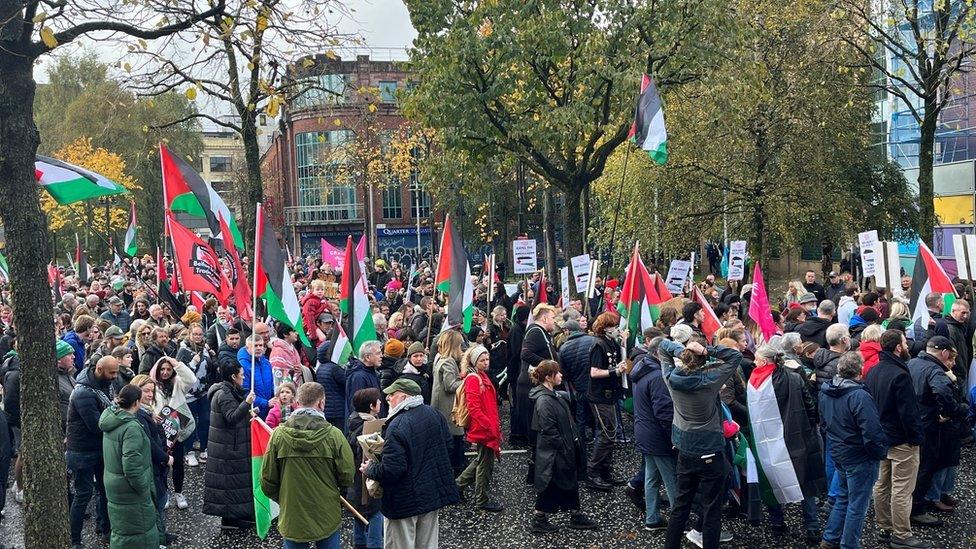 protestors with flags and signs in Belfast city centre