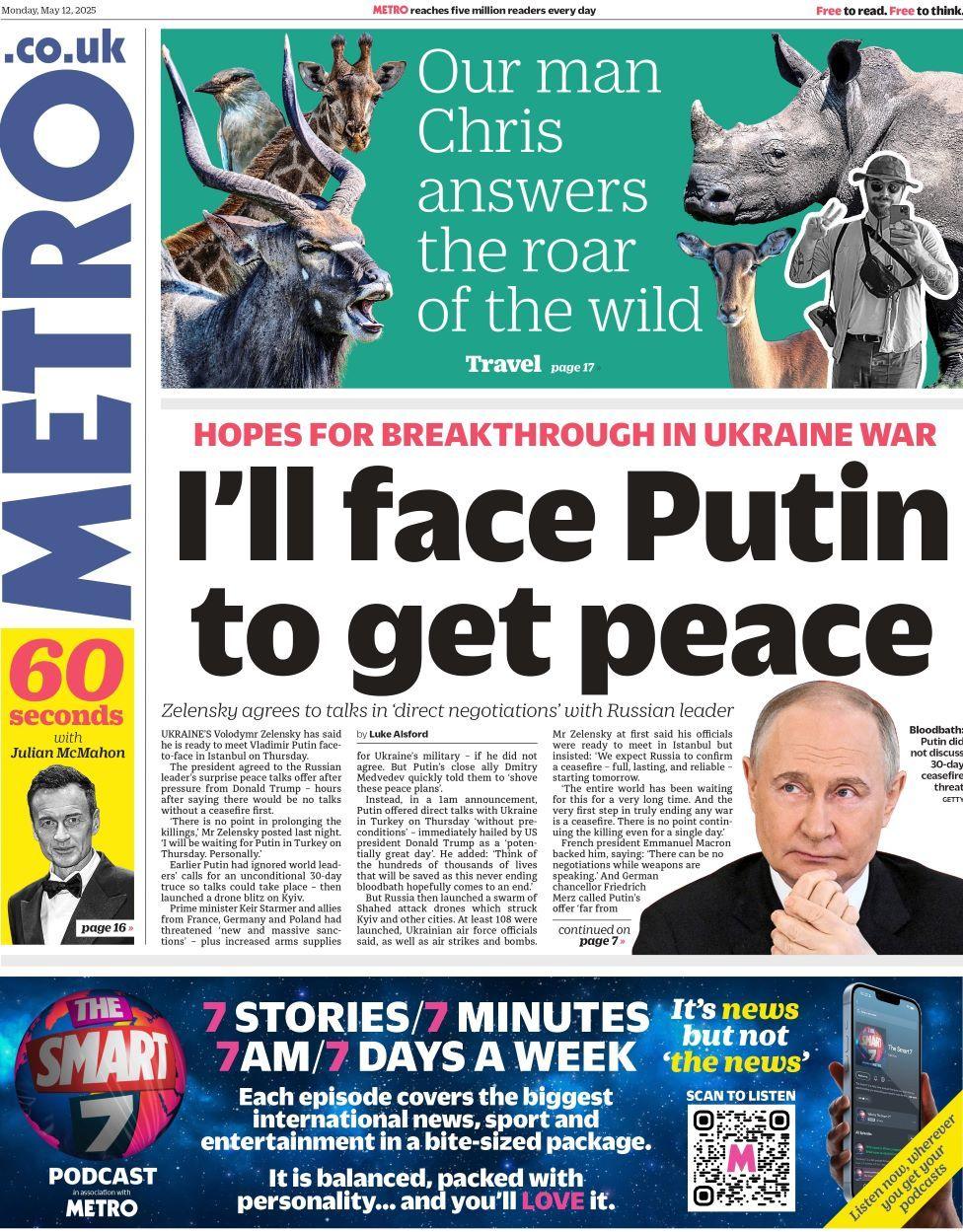 Metro front page on Monday 12 May 2025