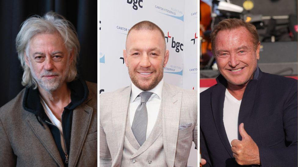 A compilation image of Bob Geldof, Conor McGregor and Michael Flatley. Bob wears a brown jacket over a black fleece and white t-shirt. He has white, shaggy hair. Conor wears a light grey suit and waistcoat with a white shirt and grey tie. Michael wears a navy blazer over a white t-shirt.