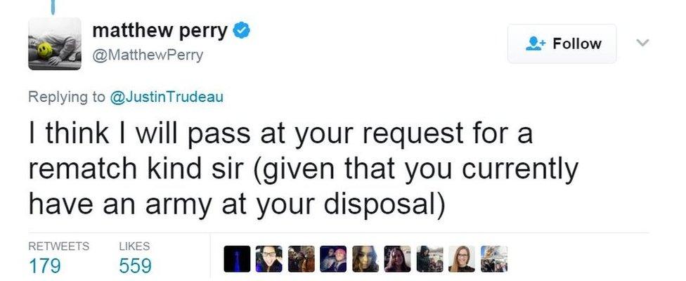 Matthew Perry tweets: I think I will pass at your request for a rematch kind sir (given that you currently have an army at your disposal)