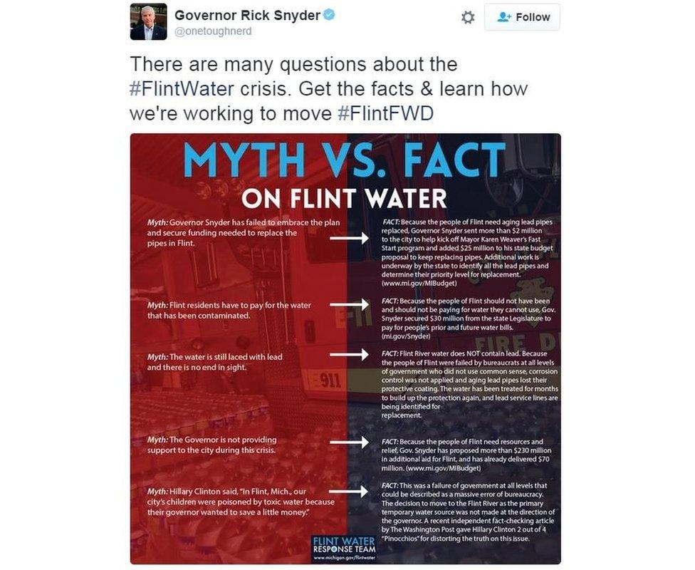 Screen grab of tweet from Mr Snyder showing alleged myths and facts about the water crisis