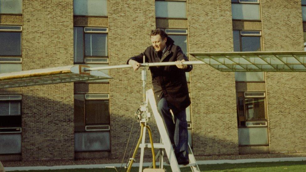 Peter Mansfield working on a human-powered flight machine