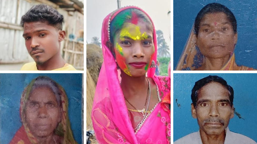 The five members of the Oraon family that were lynched in Bihar - from left to right: Manjit Oraon, his grandmother Kato Devi, his wife Rani Devi, his mother Sita Devi and father Babulal Oraon