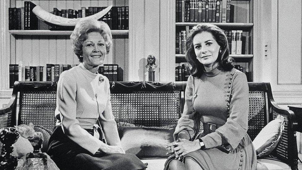 First Lady Pat Nixon is interviewed by Barbara Walters in the Library of the White House. The interview is about Mrs. Nixon's recent trip to Liberia, Ghana and the Ivory Coast.