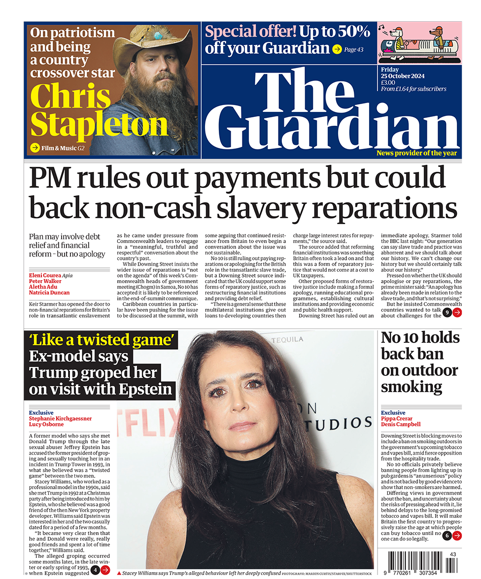 The headline in the Guardian reads: "PM rules out payments but could back non-cash slavery reparations". 