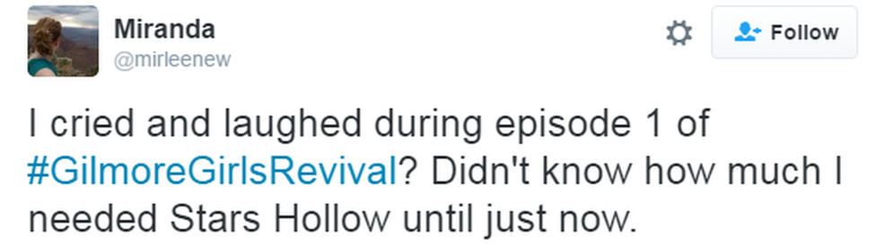 Tweet reading: I cried and laughed during episode 1 of Gilmore Girls Revival. Didn't know how much I needed Stars Hollow until just now.