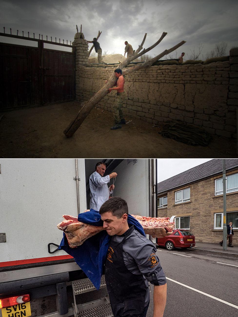 Photos showing Callum Wright in the army and as a butcher